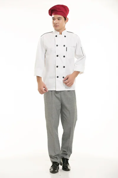 Vestindo todos os tipos de roupas chef nutricionista na frente de fundo branco — Fotografia de Stock