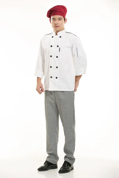 Vestindo todos os tipos de roupas chef nutricionista na frente de fundo branco — Fotografia de Stock