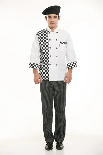 Vestindo todos os tipos de roupas chef nutricionista na frente de fundo branco — Fotografia de Stock