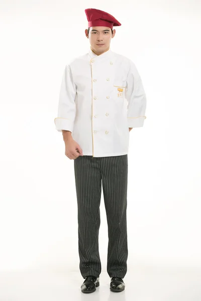 Vestindo todos os tipos de roupas chef nutricionista na frente de fundo branco — Fotografia de Stock