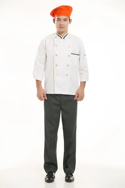 Het dragen van allerlei kleding chef-kok diëtist in de voorkant van witte achtergrond — Stockfoto