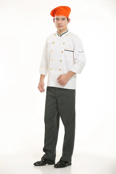 Bär alla typer av kläder kock dietist framför vit bakgrund — Stockfoto