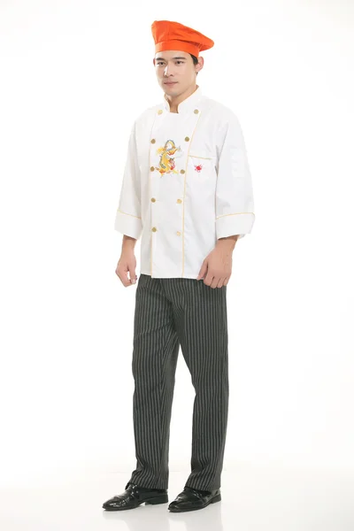 Vestindo todos os tipos de roupas chef nutricionista na frente de fundo branco — Fotografia de Stock