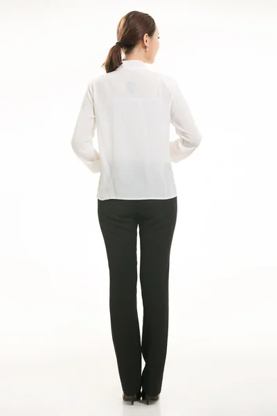 Indossare tutti i tipi di grembiule cameriere in piedi su sfondo bianco — Foto Stock