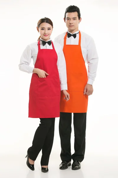 Wear all sorts of apron waiter standing in white background — Stock Photo, Image