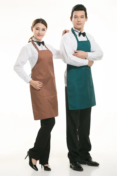 Bär alla typer av förkläde servitör stående i vit bakgrund — Stockfoto