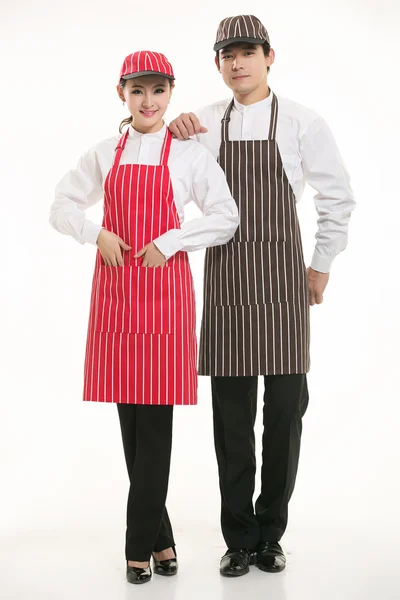 Beyaz arka planda duran her türlü önlük garsonu giyin.