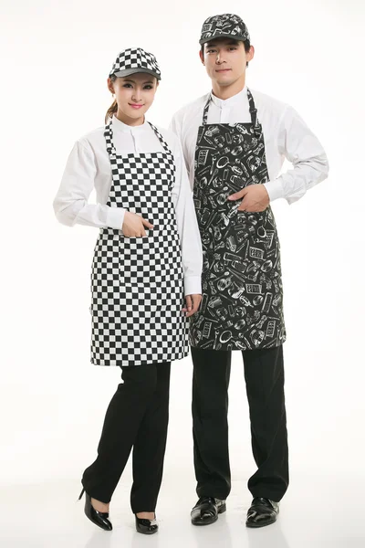 Bär alla typer av förkläde servitör stående i vit bakgrund — Stockfoto