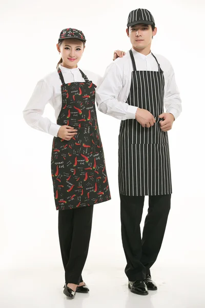 Wear all sorts of apron waiter standing in white background — Stock Photo, Image