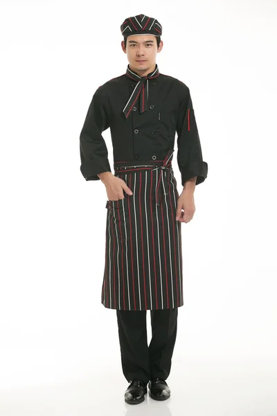 Wear all sorts of apron waiter standing in white background — Stock Photo, Image