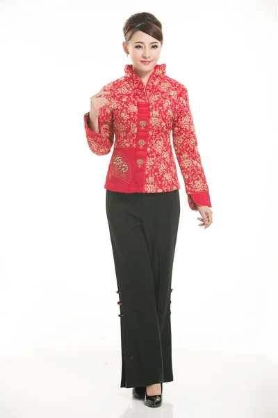 El uso de chaqueta acolchada de algodón dama de China en fondo blanco —  Fotos de Stock