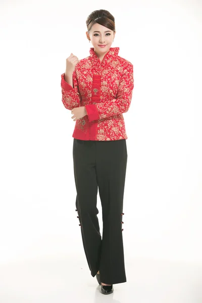 Indossare giacca imbottita di cotone Cina signora in background bianco — Foto Stock