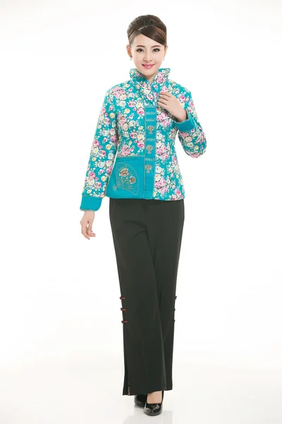 Wearing cotton padded jacket China lady in white background — Stock Photo, Image