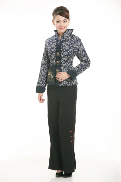 Nosit bavlněné vycpané sako Čína dáma v bílém pozadí — Stock fotografie