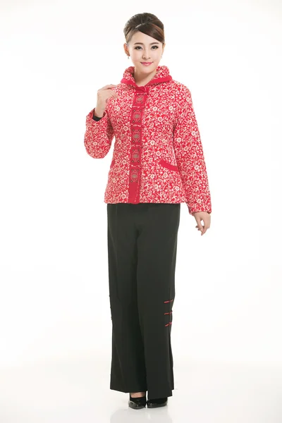Nosit bavlněné vycpané sako Čína dáma v bílém pozadí — Stock fotografie