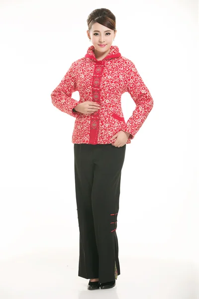 Nosit bavlněné vycpané sako Čína dáma v bílém pozadí Stock Fotografie