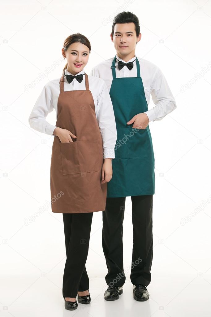 Wear all sorts of apron waiter standing in white background