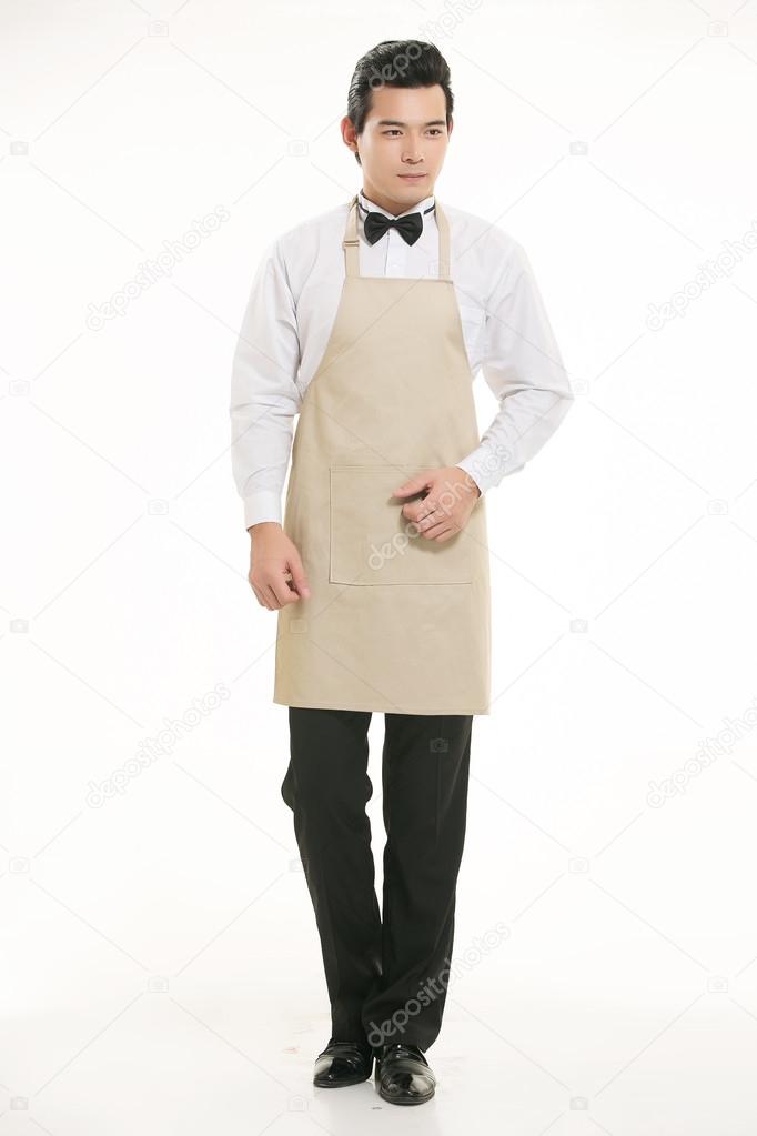 Wear all sorts of apron waiter standing in white background