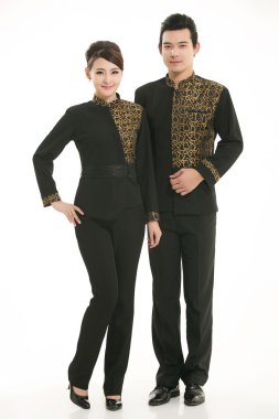 Beyaz arka planda giyim meslek Çinli garsonlar giymek