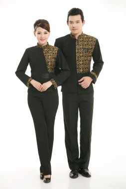 Beyaz arka planda giyim meslek Çinli garsonlar giymek