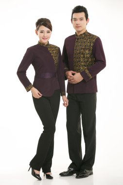 Beyaz arka planda giyim meslek Çinli garsonlar giymek