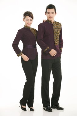 Beyaz arka planda giyim meslek Çinli garsonlar giymek