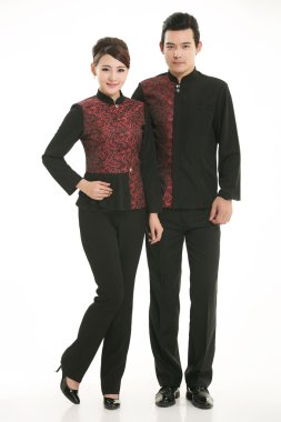 Beyaz arka planda giyim meslek Çinli garsonlar giymek