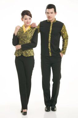 Beyaz arka planda giyim meslek Çinli garsonlar giymek