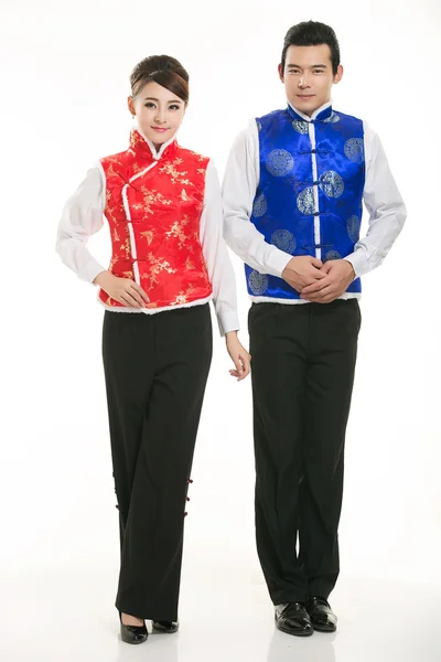Indossare giacca imbottita di cotone Cina signora in background bianco — Foto Stock