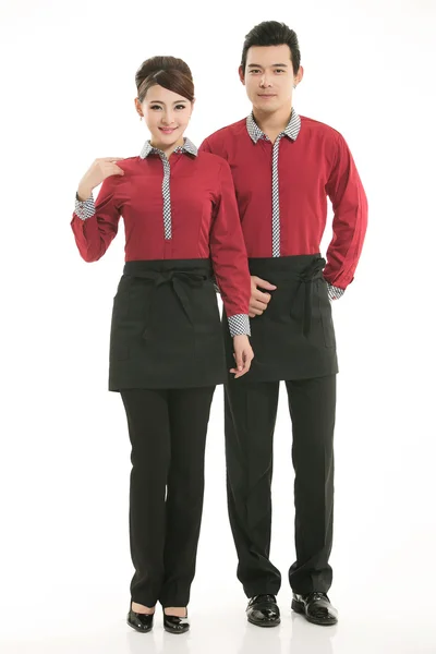 Beyaz arka planda giyim meslek Çinli garsonlar giymek