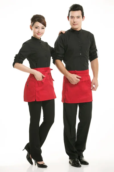 Indossare abbigliamento occupazione camerieri cinesi in background bianco Foto Stock Royalty Free