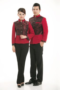 Beyaz arka planda giyim meslek Çinli garsonlar giymek