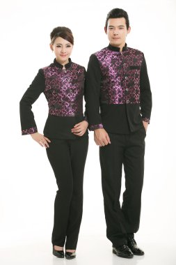 Beyaz arka planda giyim meslek Çinli garsonlar giymek