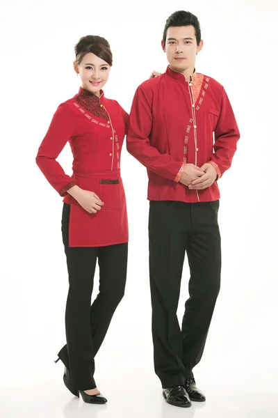 Wear clothing occupation Chinese waiters in white background — Stock Photo, Image