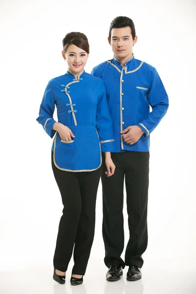 Wear clothing occupation Chinese waiters in white background — Stock Photo, Image