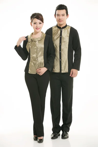 Usar roupas ocupação garçons chineses em fundo branco — Fotografia de Stock