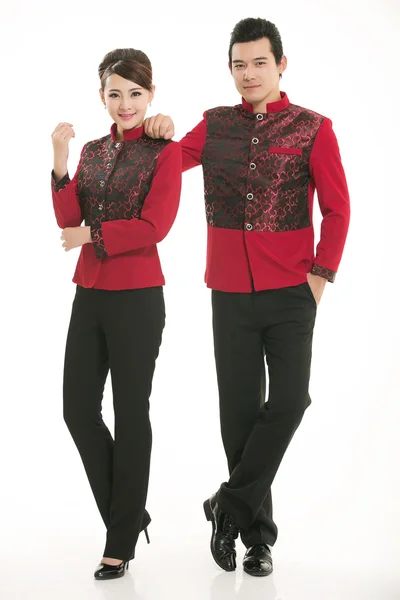 Wear clothing occupation Chinese waiters in white background — Stock Photo, Image