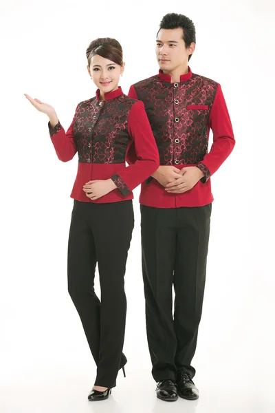 Wear clothing occupation Chinese waiters in white background — Stock Photo, Image