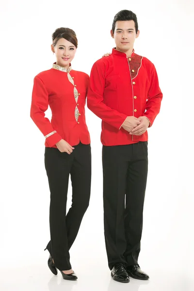 Wear clothing occupation Chinese waiters in white background — Stock Photo, Image