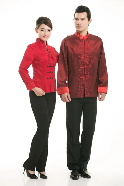 Wearing Chinese clothing waiter in front of a white background — Stock Photo, Image