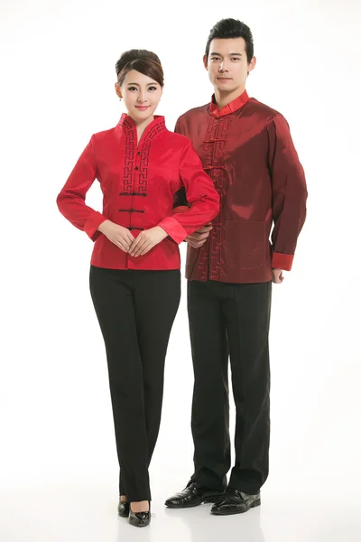 Wearing Chinese clothing waiter in front of a white background — Stock Photo, Image