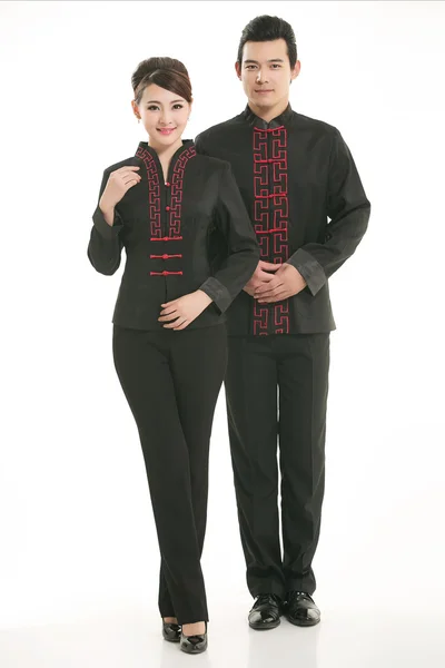 Het dragen van Chinese kleding ober in de voorkant van een witte achtergrond — Stockfoto