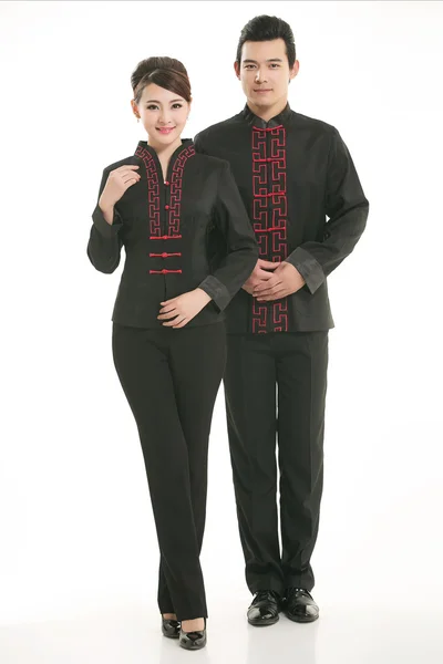 Wearing Chinese clothing waiter in front of a white background — Stock Photo, Image