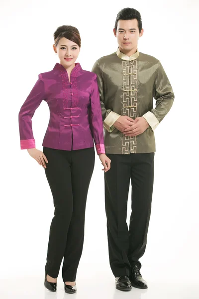 Wearing Chinese clothing waiter in front of a white background — Stock Photo, Image