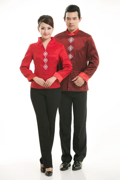 Wearing Chinese clothing waiter in front of a white background — Stock Photo, Image