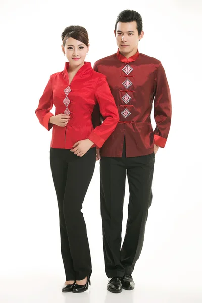 Wearing Chinese clothing waiter in front of a white background — Stock Photo, Image