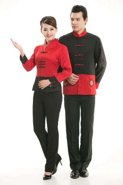 Wearing Chinese clothing waiter in front of a white background — Stock Photo, Image