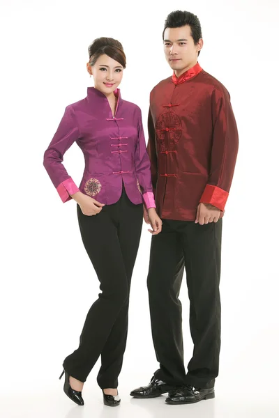 Wearing Chinese clothing waiter in front of a white background — Stock Photo, Image