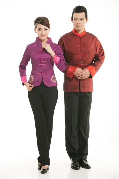 Wearing Chinese clothing waiter in front of a white background — Stock Photo, Image