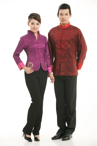 Wearing Chinese clothing waiter in front of a white background — Stock Photo, Image